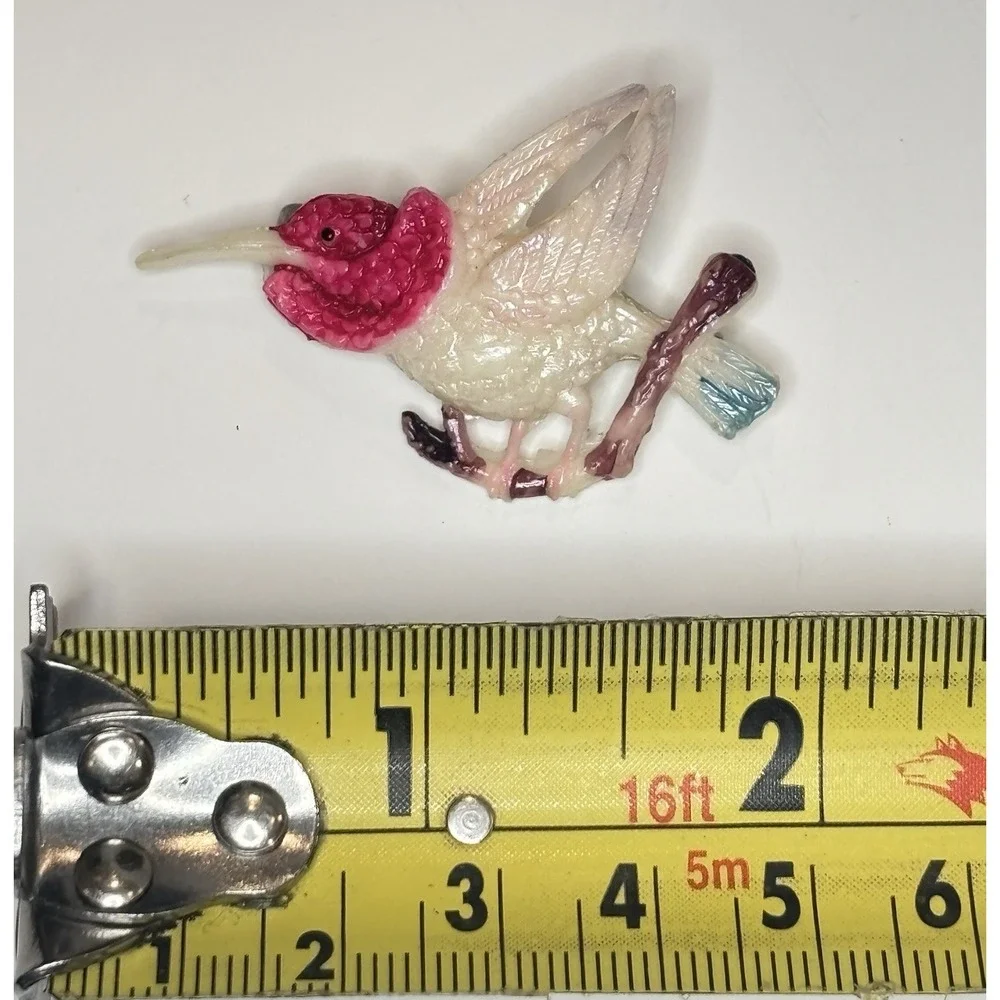 Vintage Celluloid Brooch 1950's Ruby Throated Hummingbird Painted Bird Pin